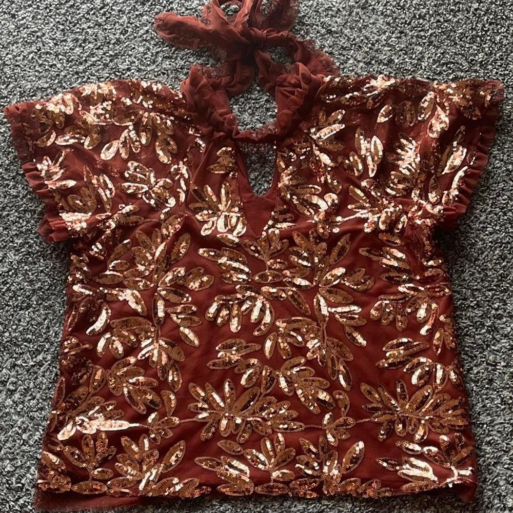 Anthropologie Sequin Mesh Halter Top Rust Brown Floral Leaf Bow Back Medium